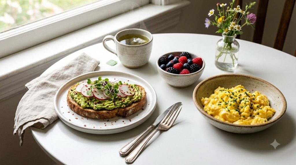 An example of a beautifully plated balanced breakfast featuring avocado toast scrambled eggs a side of fresh berries and