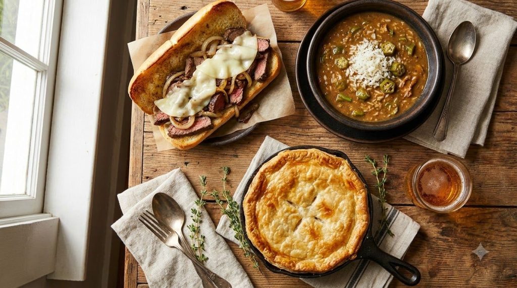 A flat lay of a Philly cheesesteak a bowl of Gumbo and a chicken pot pie