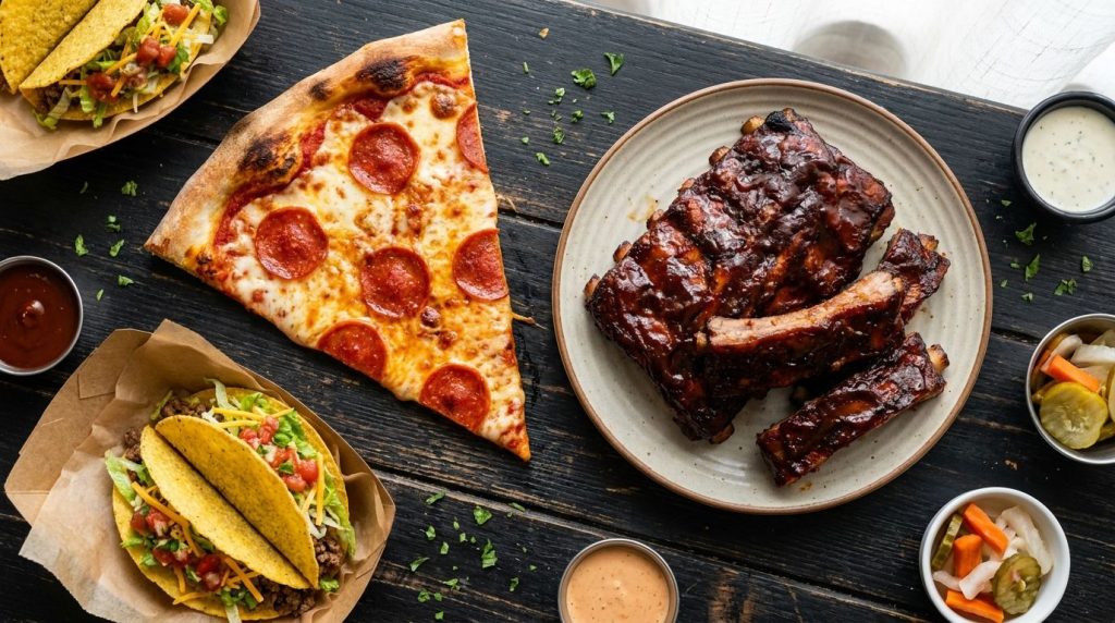 A flat lay of a slice of New York style pizza a plate of BBQ ribs and two American style tacos