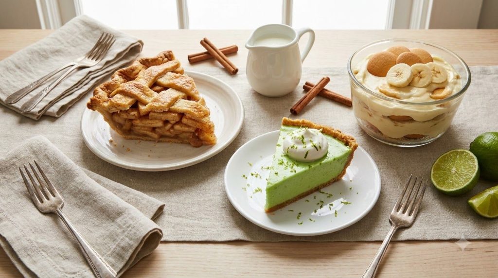 A flat lay of a slice of apple pie a slice of key lime pie and a bowl of banana pudding