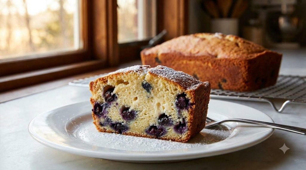 Slice of blueberry cake on a plate showing its creamy texture and blueberries with the rest of the cake in the backgroun