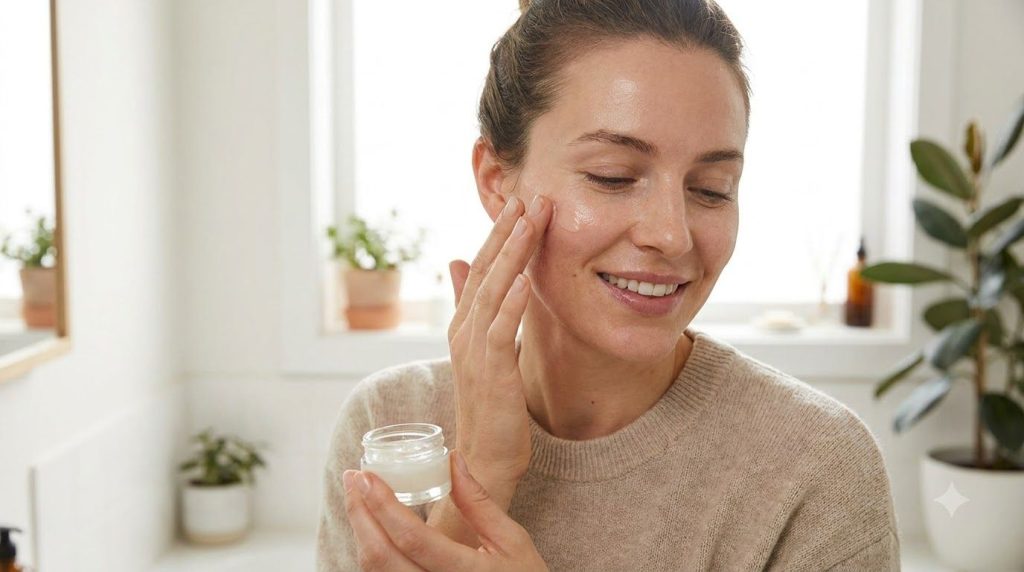A woman gently patting a small amount of the Vaseline and baby oil mixture onto her clean face demonstrating the applica