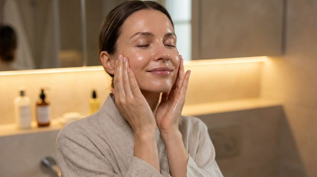 A woman gently massaging a thin layer of oil mixture onto her glowing freshly iced face looking refreshed and happy
