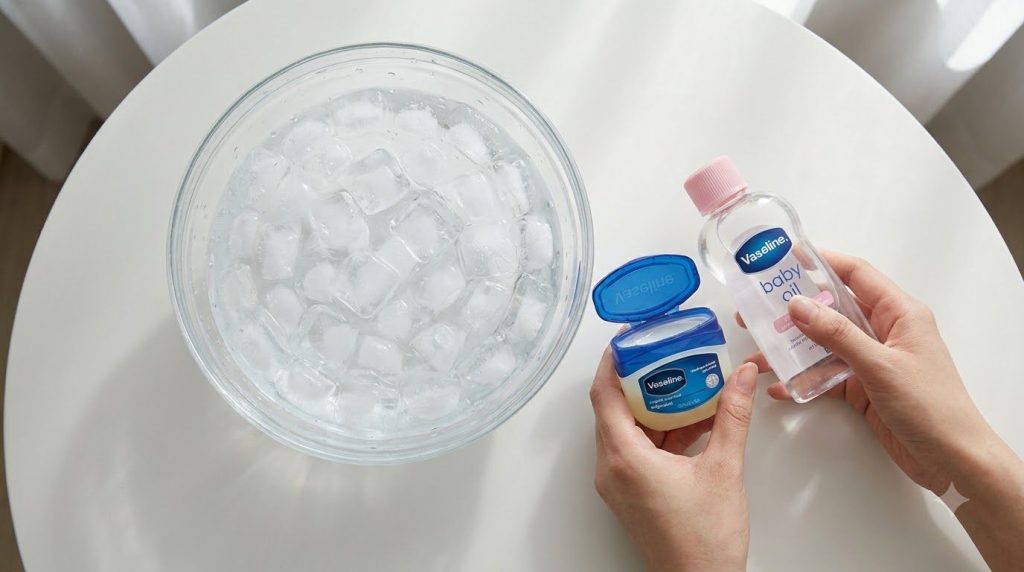A bowl filled with ice water and a person s hands holding a small container of Vaseline and a bottle of baby oil next to