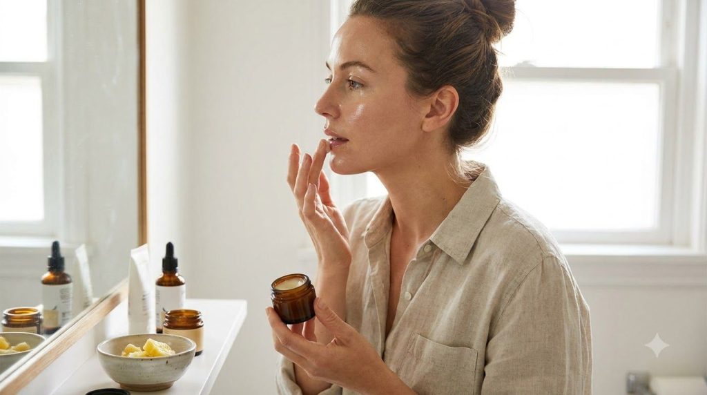 A woman applying a homemade Vaseline-based balm to her lips for a glowing effect