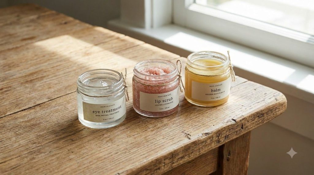 Small containers of homemade Vaseline eye treatment and lip scrub labeled simply