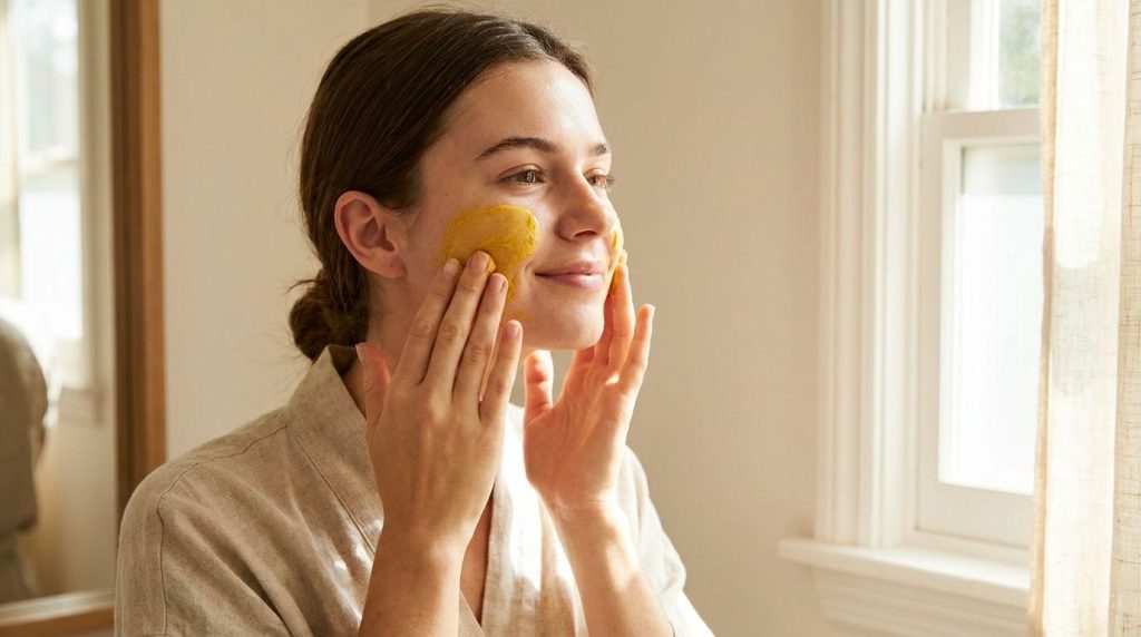 Mujer joven aplicando una mascarilla facial amarilla de cúrcuma y vaselina en su rostro con una expresión suave y relaja