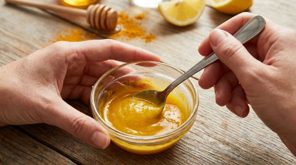 Manos mezclando vaselina aceite para bebés cúrcuma miel y jugo de limón en un tazón pequeño para crear la mascarilla fac