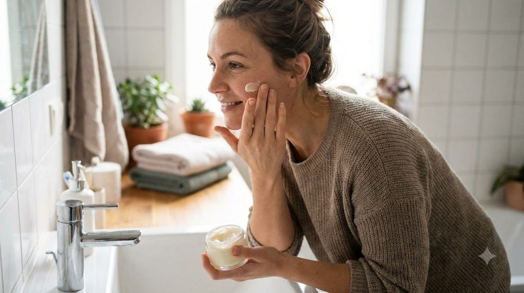 A woman gently applying a small amount of a homemade face cream to her cheek with her fingertips in a bright bathroom se