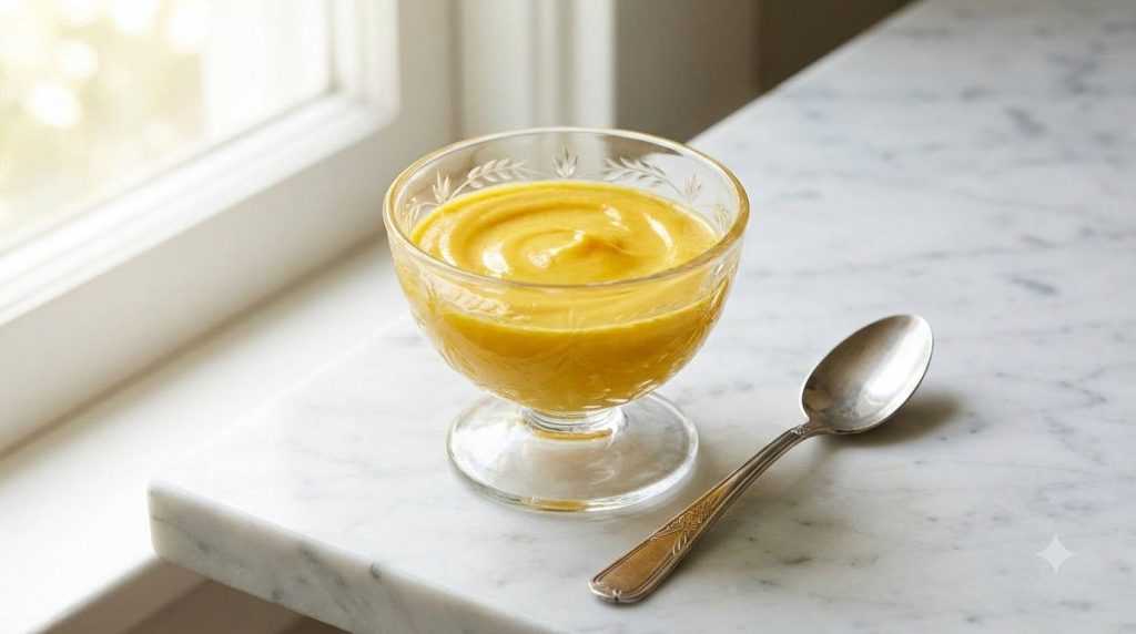 A close-up of a small glass bowl containing a yellow creamy mixture of Vaseline and turmeric with a small spoon beside i