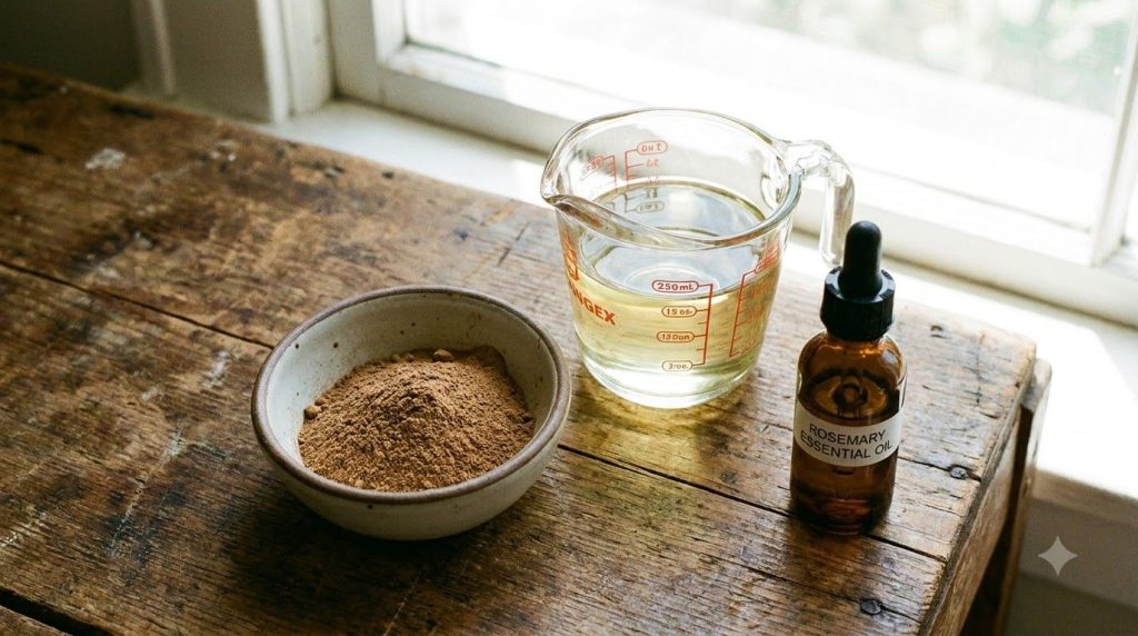 Close-up of ingredients like amla powder in a small bowl almond oil in a measuring cup and a bottle of rosemary essentia