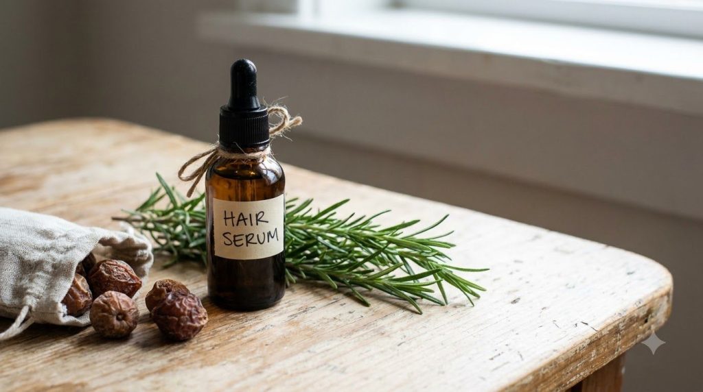 A small dark glass bottle of the finished DIY hair serum with a label that says Hair Serum placed next to some fresh ros
