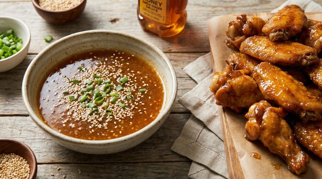 A glossy bowl of honey garlic ginger wing sauce topped with sesame seeds and green onions accompanied by perfectly glaze
