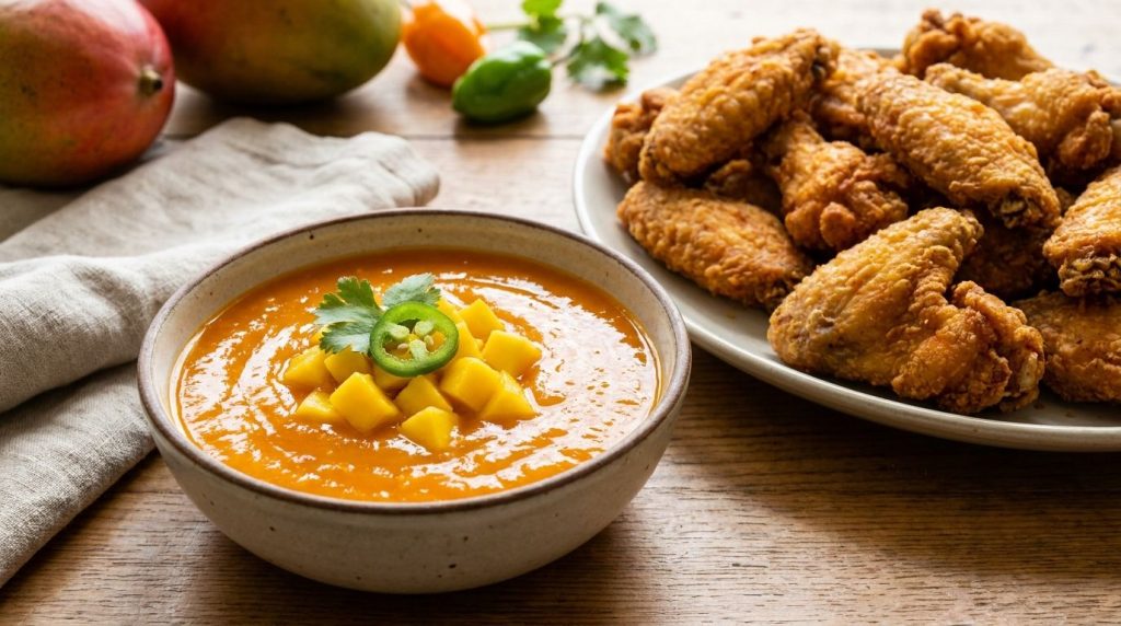 A vibrant orange bowl of mango habanero wing sauce garnished with fresh mango cubes and a thin slice of habanero pepper