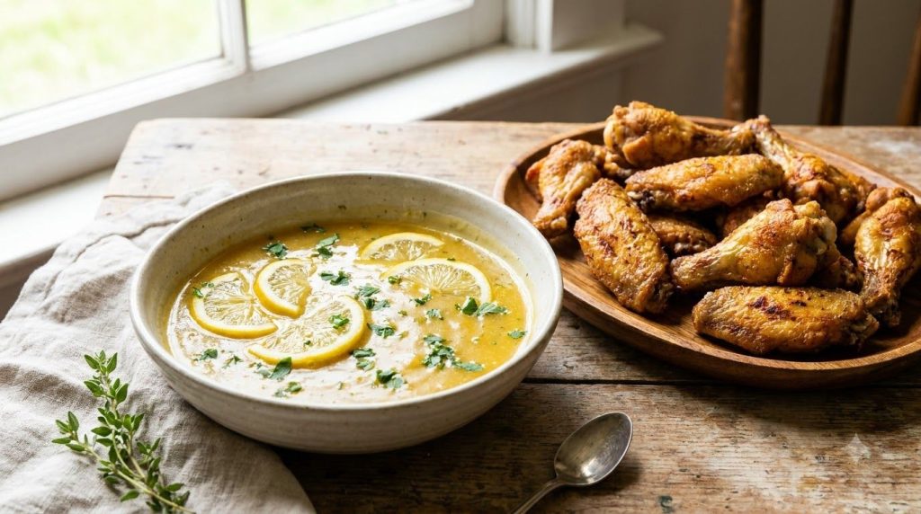 A bowl of golden zesty lemon herb wing glaze with fresh parsley and lemon slices next to a plate of baked chicken wings