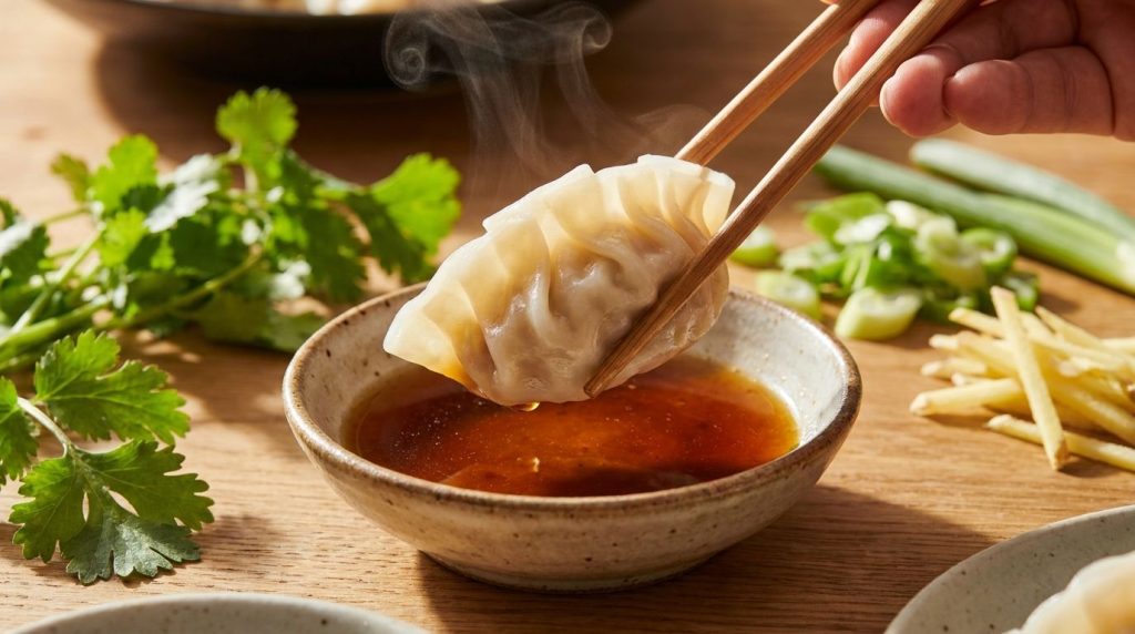 A close-up of a dumpling being dipped into a small bowl of homemade dipping sauce with fresh herbs and sliced ginger in