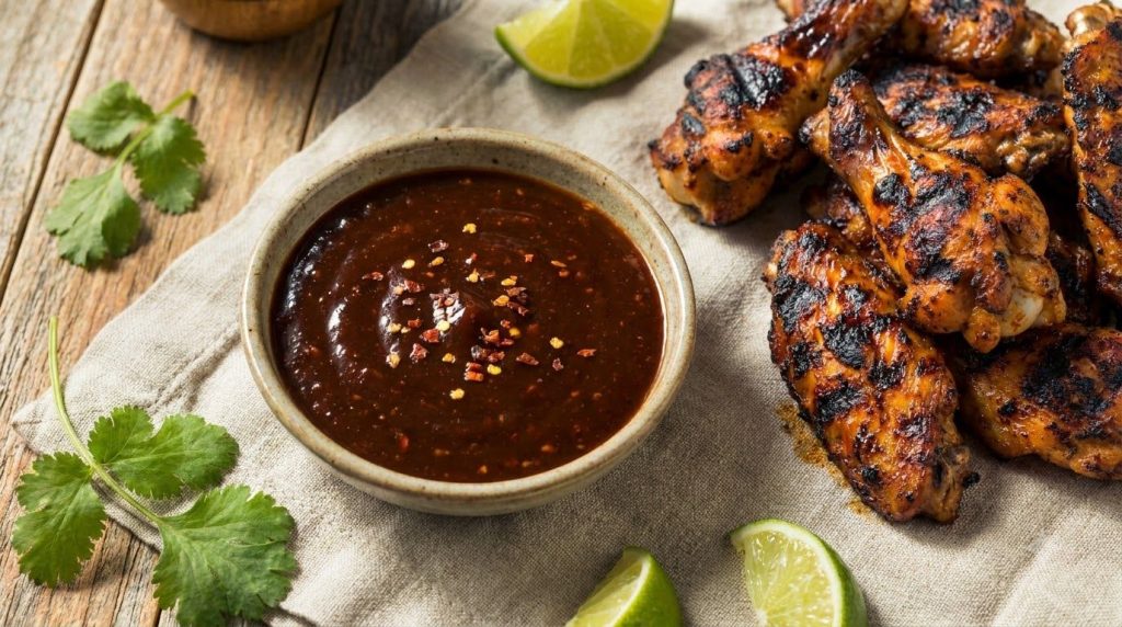 A dark rich bowl of smoky chipotle BBQ wing sauce with a hint of red spice presented next to a heap of grilled chicken w