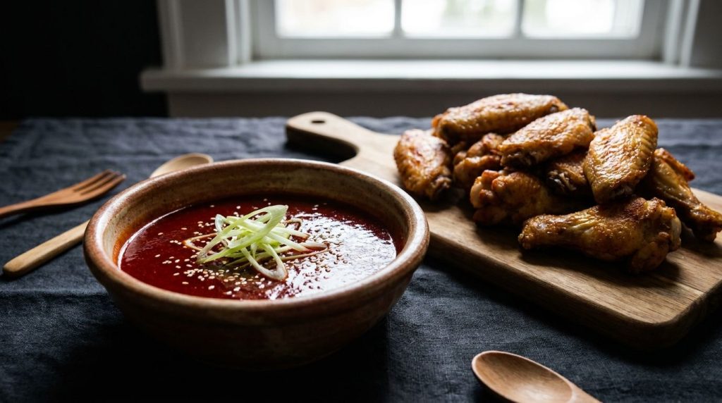 A rich reddish-brown bowl of fiery gochujang honey wing sauce garnished with green onions next to golden baked chicken w