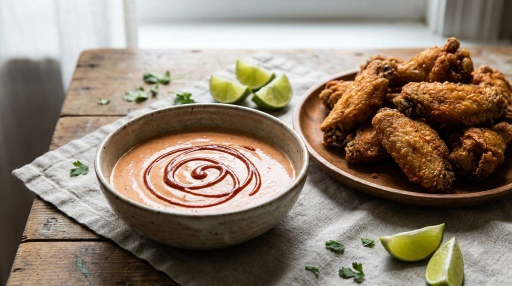 A creamy reddish-orange bowl of sriracha yogurt sauce with a swirl of sriracha on top served with a plate of crispy chic