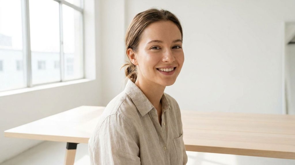 A woman with a radiant natural glow on her face after using a homemade beauty mask smiling gently with healthy-looking s