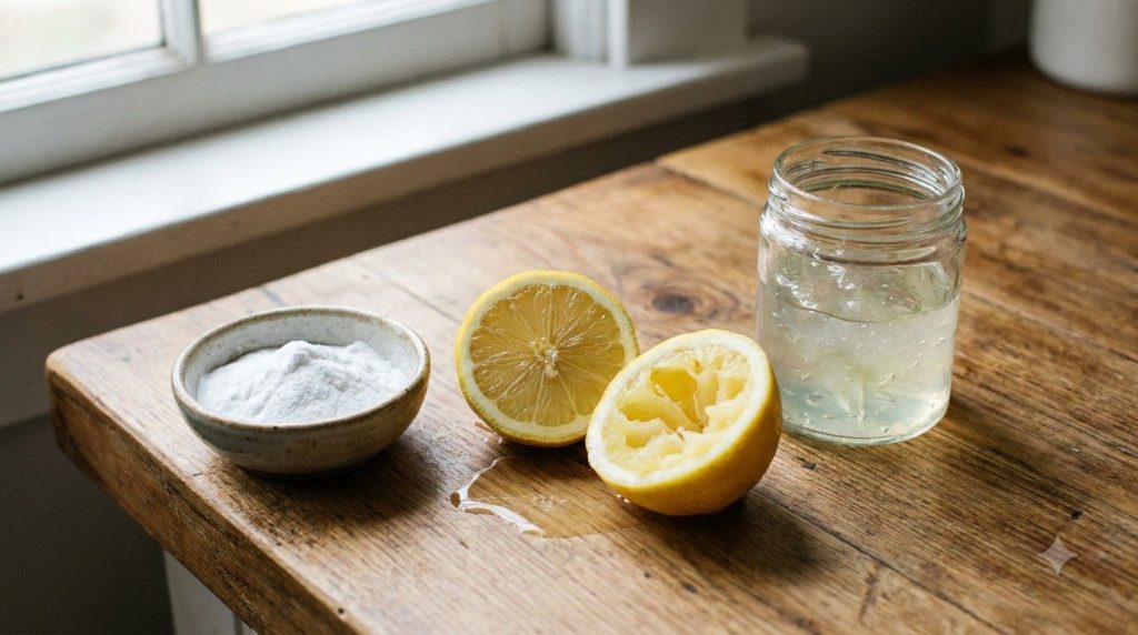 Ingredients for the underarm paste a small bowl of baking soda a sliced lemon with juice and a container of aloe vera ge