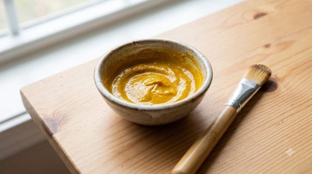A close-up of a golden yellow turmeric face mask paste in a small bowl with a small brush or spatula next to it ready fo