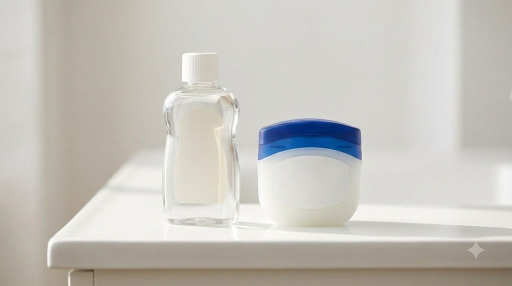 Ingredientes básicos para la rutina de belleza nocturna una botella de aceite de bebé y un frasco de vaselina sobre una
