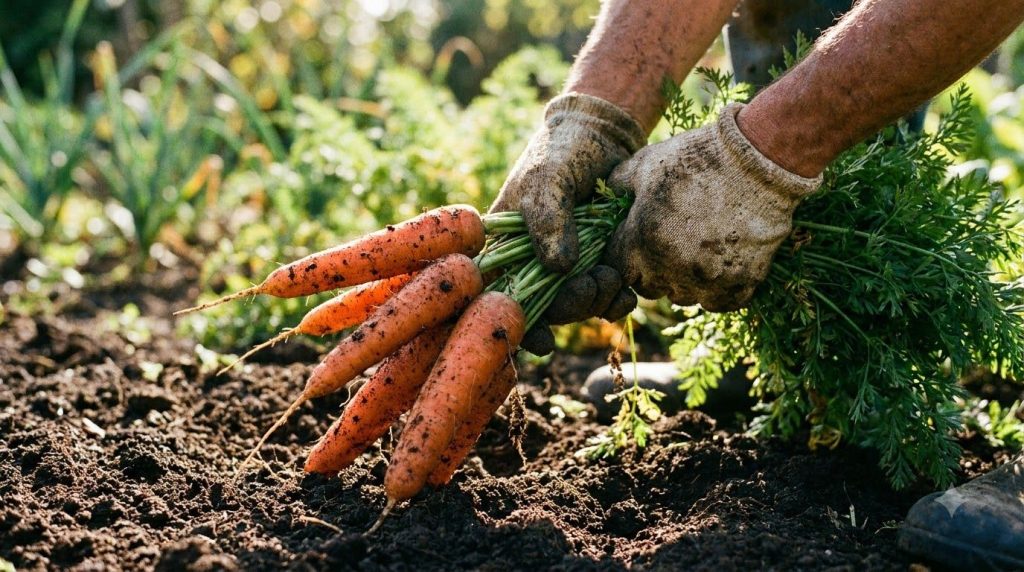 A gardener s hands gently harvesting fresh perfectly formed carrots from loose healthy garden soil