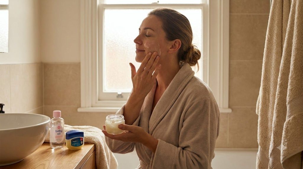 A woman gently applying the Vaseline and baby oil mixture to her face with a soft circular motion Her eyes are closed sh