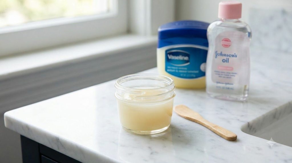 A small clean glass jar containing the mixed Vaseline and baby oil ready for application The ingredients a Vaseline jar
