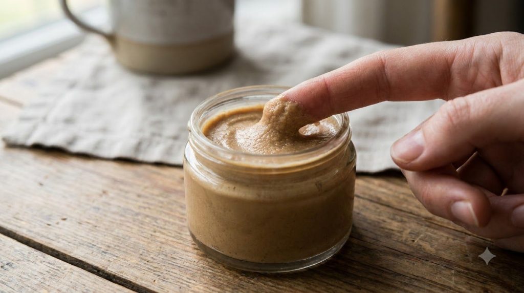 A small clear glass jar filled with the freshly made homemade coffee and Vaseline under-eye cream with a fingertip gentl