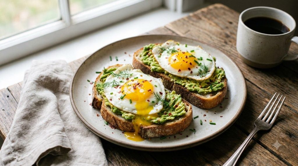 Two finished slices of avocado egg toast on a plate garnished with red pepper flakes and fresh herbs ready to be eaten