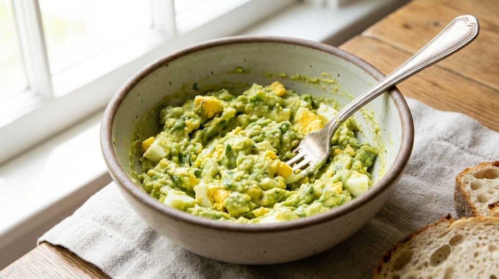 A close-up shot of the creamy avocado and egg spread being gently mixed in a bowl with a fork