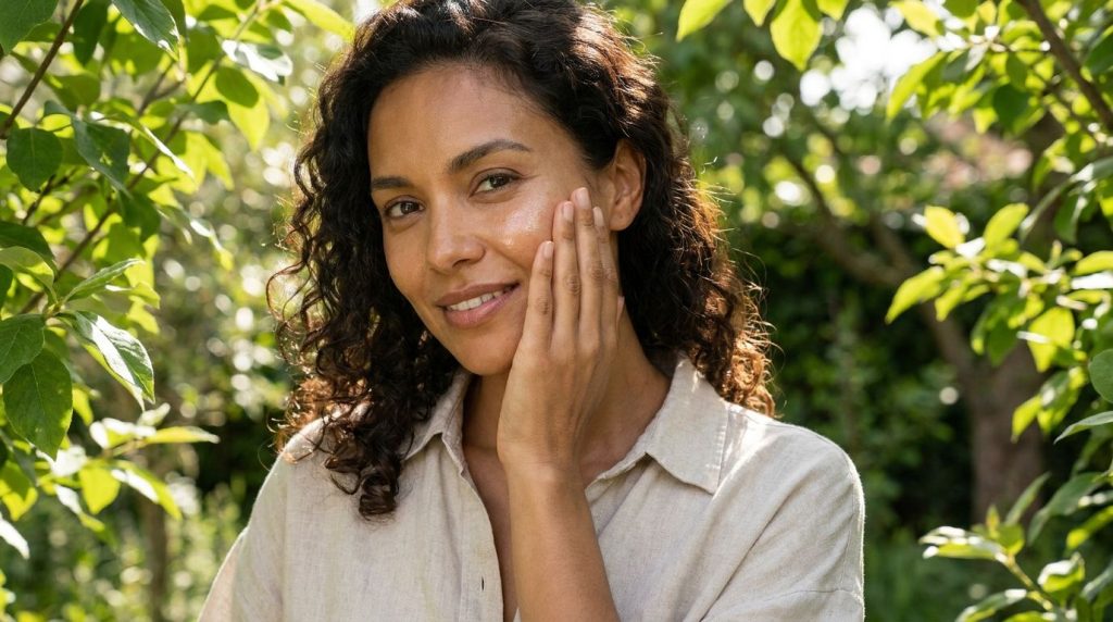 A woman smiling touching her visibly smooth radiant and glass-like skin with a soft glow