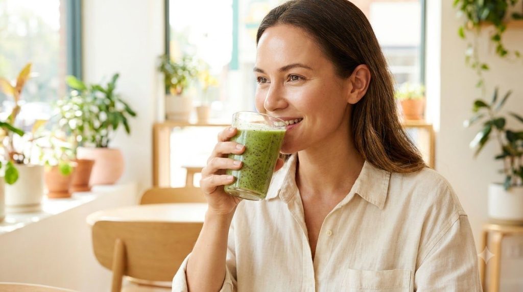Una mujer bebiendo de un vaso de la bebida verde con chía con un aspecto saludable y fresco