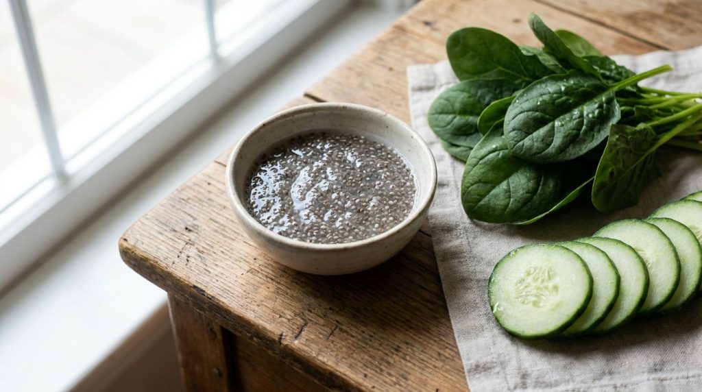 Semillas de chía remojándose en agua y formando un gel en un cuenco pequeño con espinacas y pepino al lado