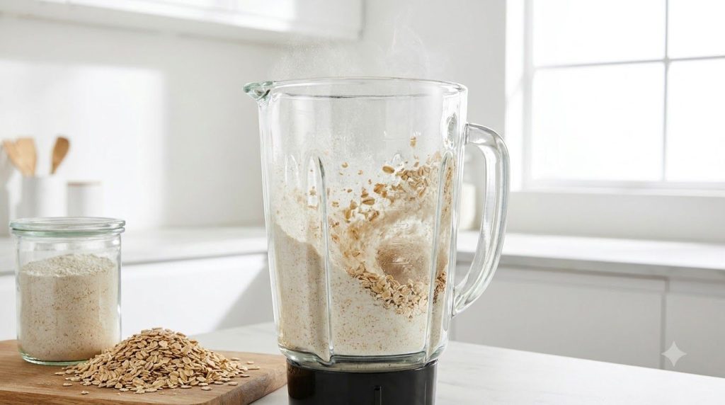 Rolled oats are being blended into a fine flour in a high-speed blender
