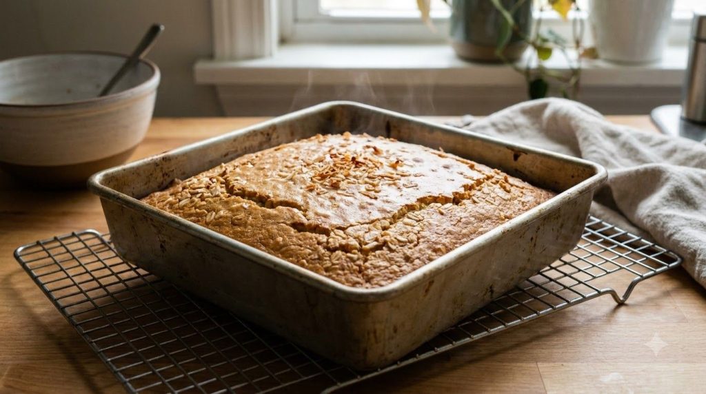 A smooth golden-brown coconut oat cake cooling on a wire rack after being baked in an 8x8 inch pan