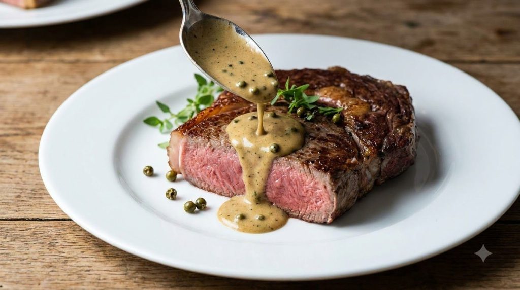 A close-up of a creamy green peppercorn sauce being drizzled over a slice of medium-rare steak on a white plate