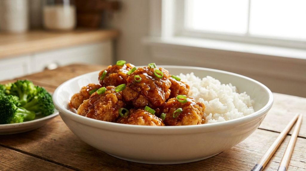 Cooked Orange Chicken tossed in glossy sauce garnished with green onions and served with white rice in a bowl
