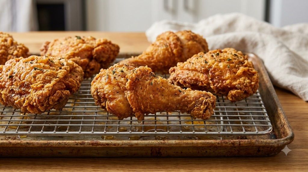 Crispy fried chicken pieces draining on a wire rack after being cooked with a golden-brown exterior