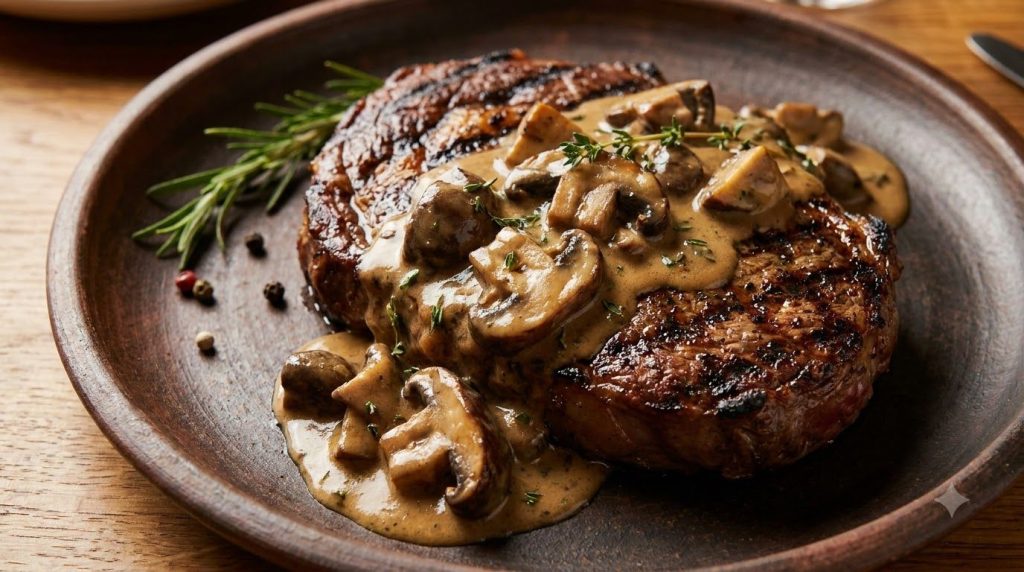 A close-up of a velvety creamy mushroom sauce with visible mushroom slices poured generously over a perfectly grilled st