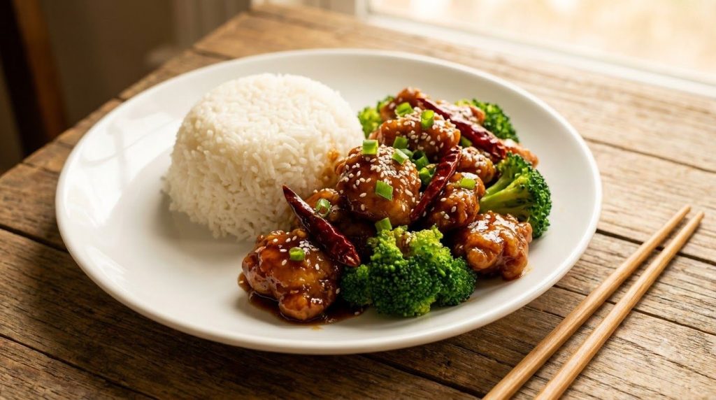 A final homemade Chinese takeout meal on a plate such as a vibrant General Tso s chicken or beef with broccoli served al