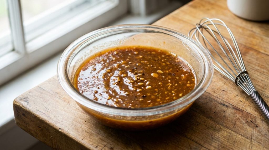 A bowl of glossy amber-colored homemade stir-fry sauce with visible flecks of ginger and garlic next to a whisk in a rus