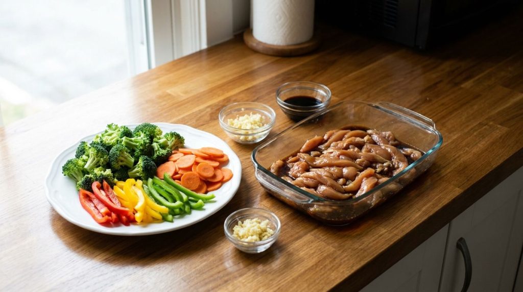 A neatly arranged mise en place of chopped vegetables broccoli florets sliced carrots bell peppers and thinly sliced mar