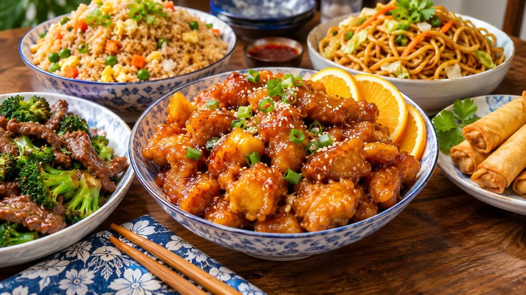 A spread of various homemade Panda Express copycat dishes including Orange Chicken Fried Rice and lo mein creating a ful