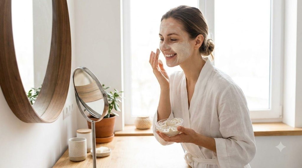 A woman gently applying a natural homemade face mask to her clean smiling face in a bright bathroom