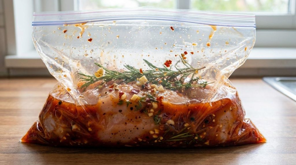 Close-up of raw chicken breasts marinating in a clear resealable bag in a vibrant red-orange marinade with visible spice
