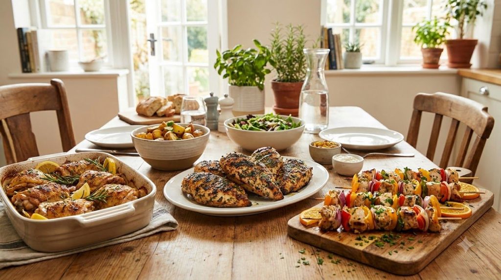 A variety of cooked marinated chicken dishes on a table including grilled chicken breasts baked chicken thighs and chick