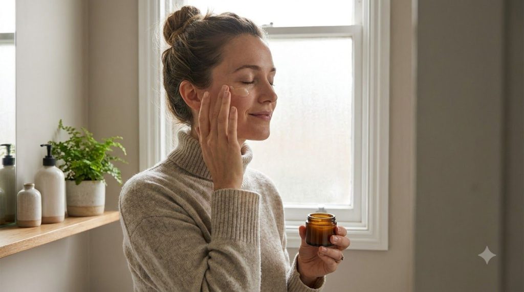 Woman gently applying a small amount of balm to her face focusing on the eye area with a soft natural expression